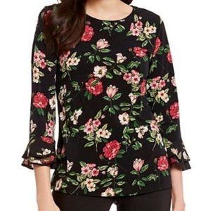 Karl Lagerfeld Floral Blouse Top Black Bell Sleeves Size S